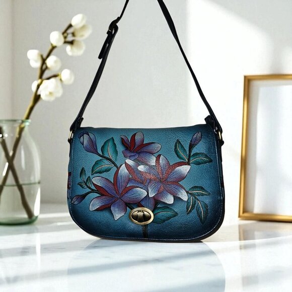 Anuschka Hand Painted Leather Shoulder Bag Blue Floral Turnlock - Picture 2 of 16
